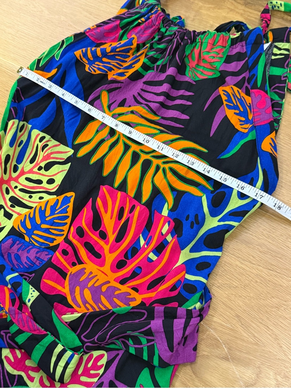 La Mer Luxe Black & Neon Tropical Halter Dress Leaf Print Tie Waist Small - Picture 5 of 9